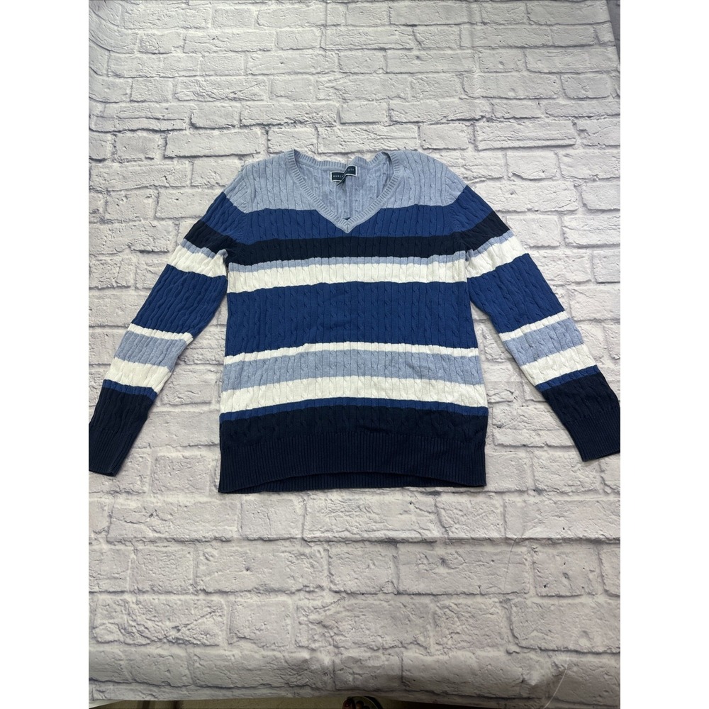 Karen Scott Womens Blue Striped Cable‎ Knit V-Neck Cotton Sweater Large
